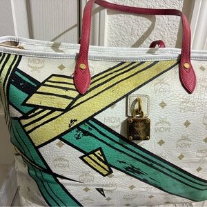 MCM White and Green Geometric Tote